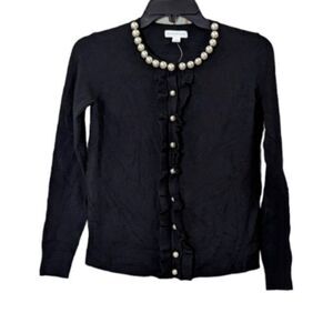 Charter Club Womens PP Deep Black Cardigan Ruffle Front Faux Pearl Long Sleeve